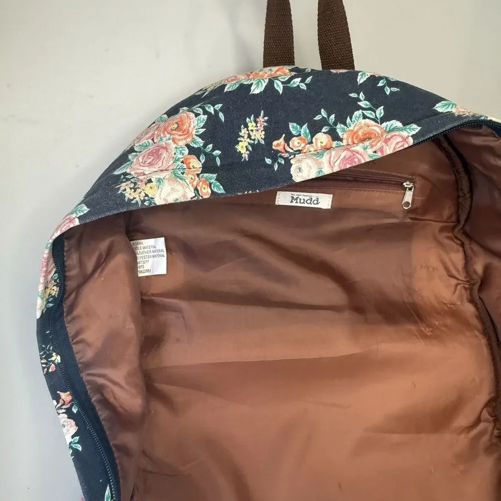 MUDD Backpack Canvas Navy Blue Floral Tassel Pulls Faux Leather EUC